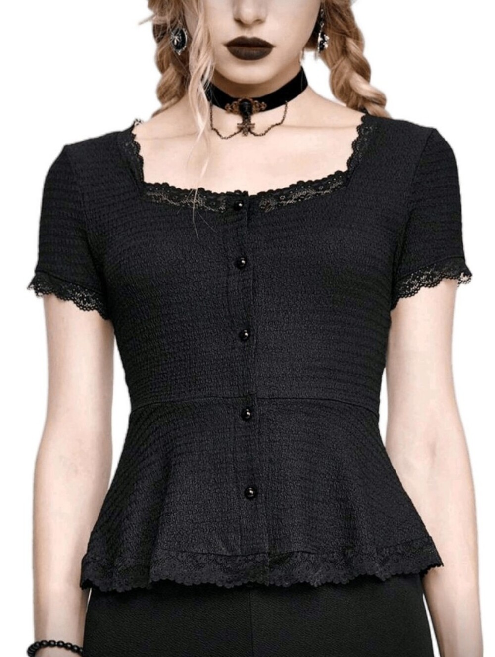 ROMWE Black Lace-Trim Peplum Button Front Top